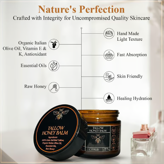 Organic Grass-Fed Beef Tallow Balm with Raw Honey