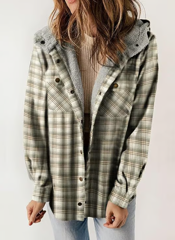 Women's Autumn/Winter Plaid Jacket Long Sleeve Buckle Hooded