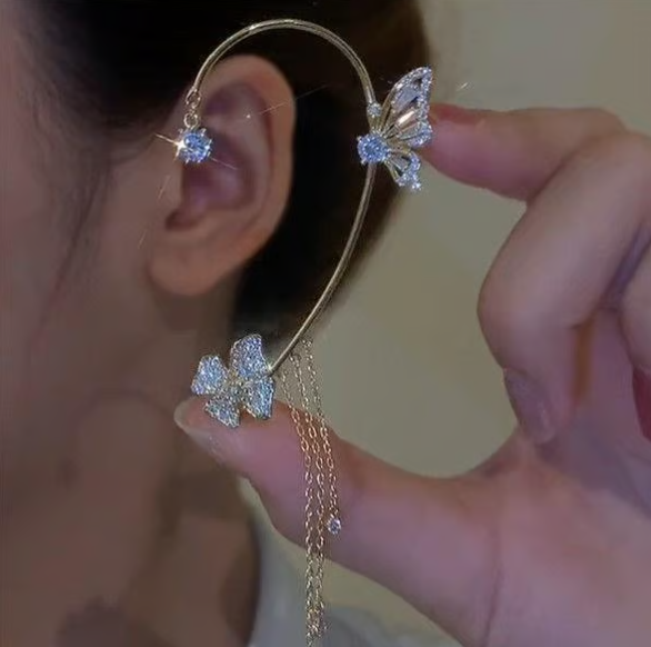 BUTTERFLY FLOWER TASSEL SHINY ZIRCON EARRINGS