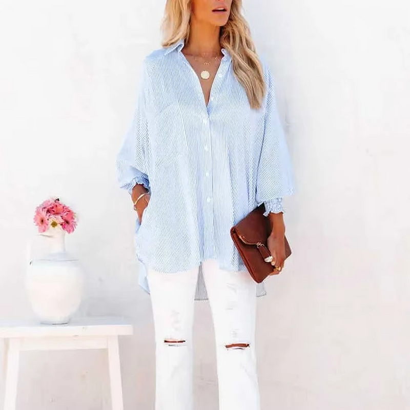 Mid-length smocked shirt with striped
