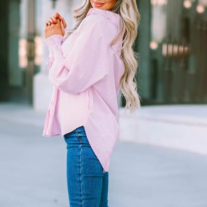 Mid-length smocked shirt with striped