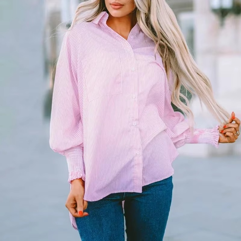 Mid-length smocked shirt with striped