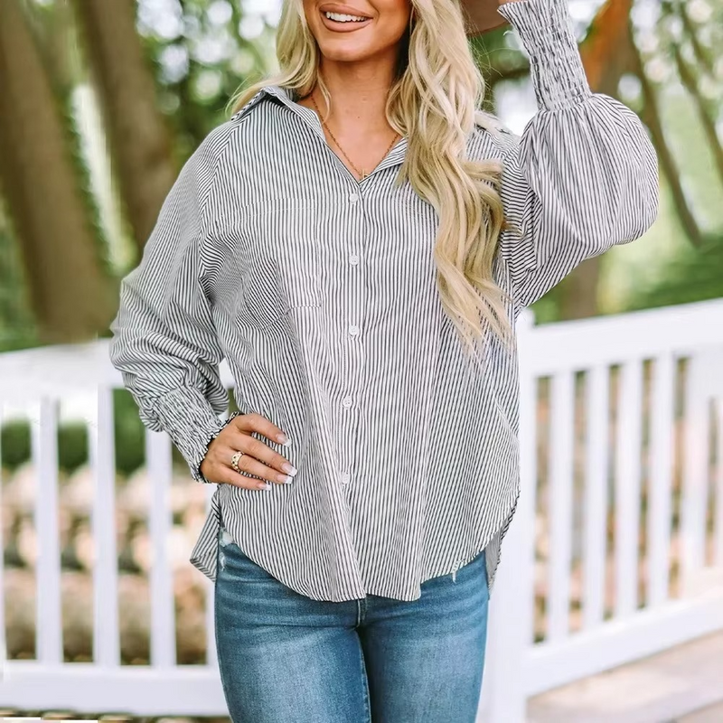 Mid-length smocked shirt with striped