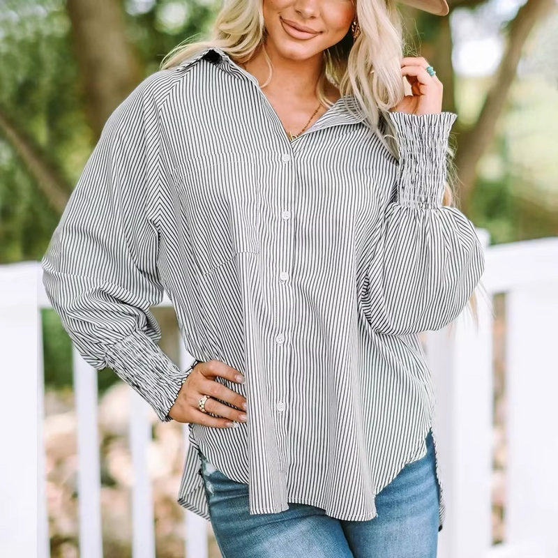 Mid-length smocked shirt with striped